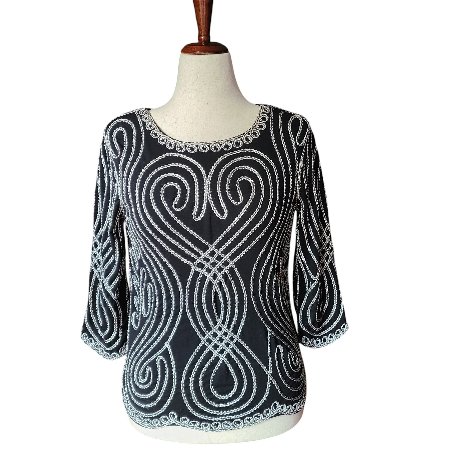 Handmade 70s Black Heart Embellished Swirl Sparkle Top | Size Medium