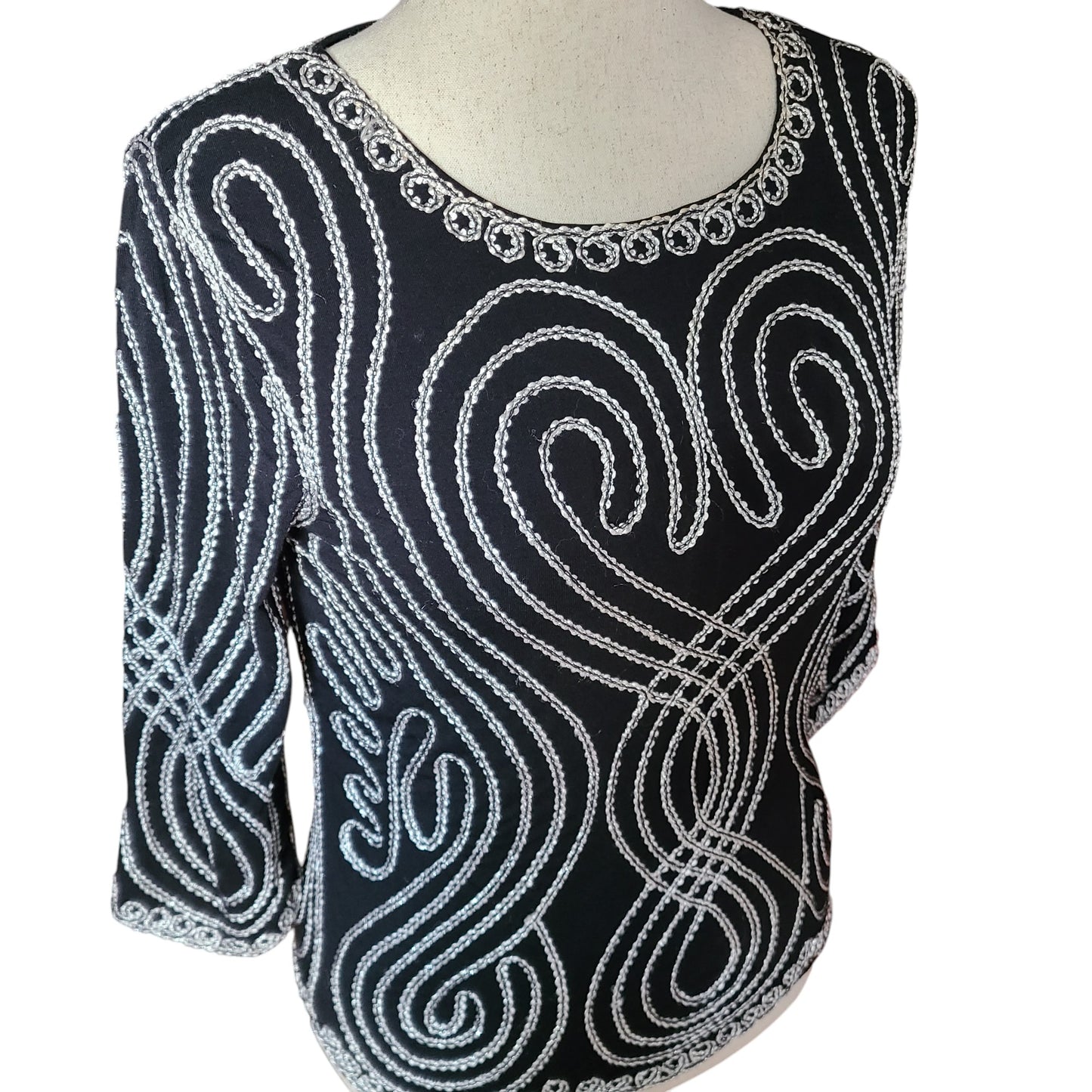 Handmade 70s Black Heart Embellished Swirl Sparkle Top | Size Medium