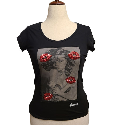 GUESS 00's Sequin Kiss Glamour Girl T-Shirt | Size Small