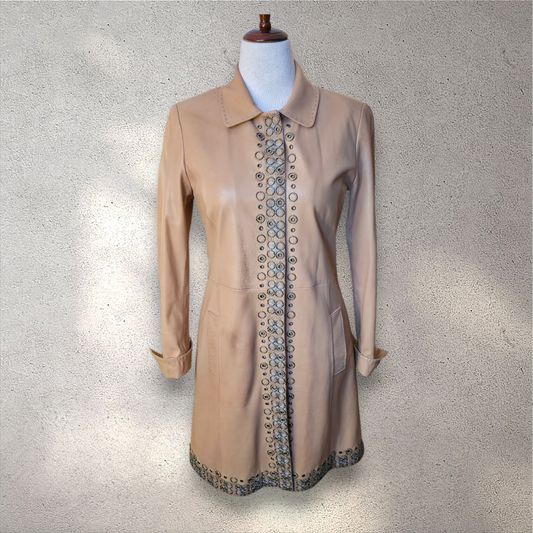 Eli Tahari Tan Rivet Faced Leather Coat