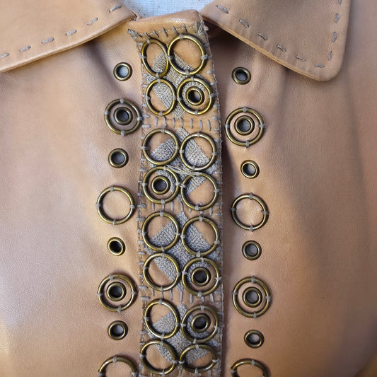 Eli Tahari Tan Rivet Faced Leather Coat