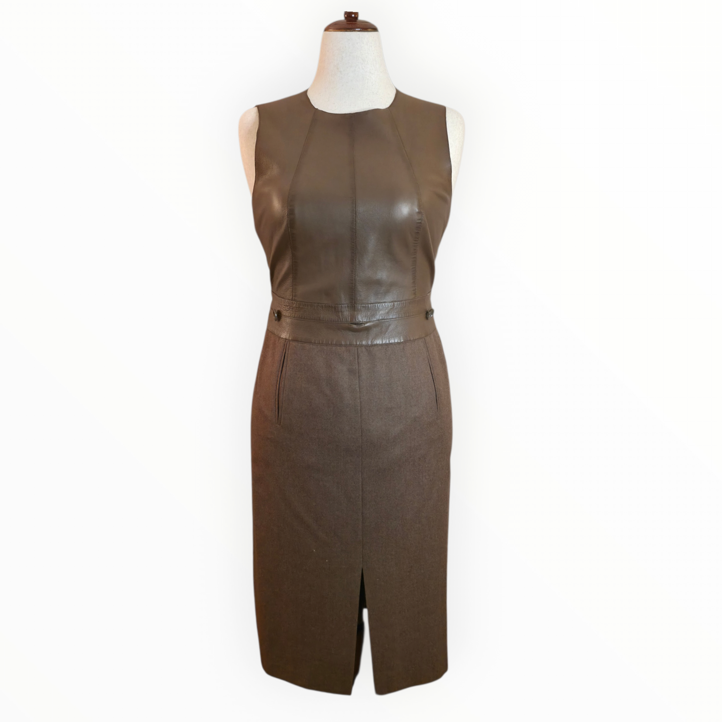 Akris Archival Mocha Lambskin Leather Wool Modular Dress with Removable Apron Panel - Size 8