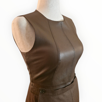 Akris Archival Mocha Lambskin Leather Wool Modular Dress with Removable Apron Panel - Size 8