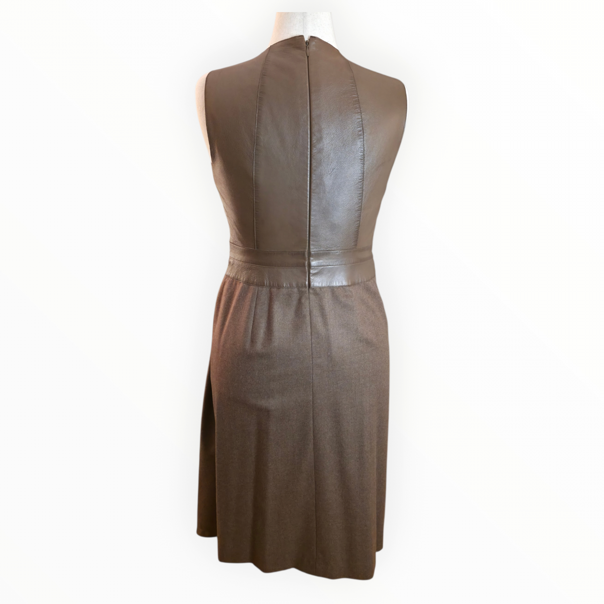 Akris Archival Mocha Lambskin Leather Wool Modular Dress with Removable Apron Panel - Size 8