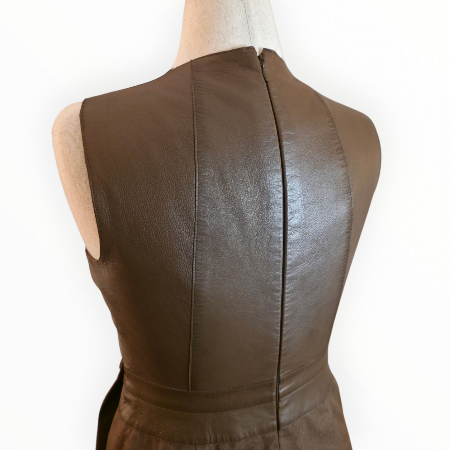 Akris Archival Mocha Lambskin Leather Wool Modular Dress with Removable Apron Panel - Size 8