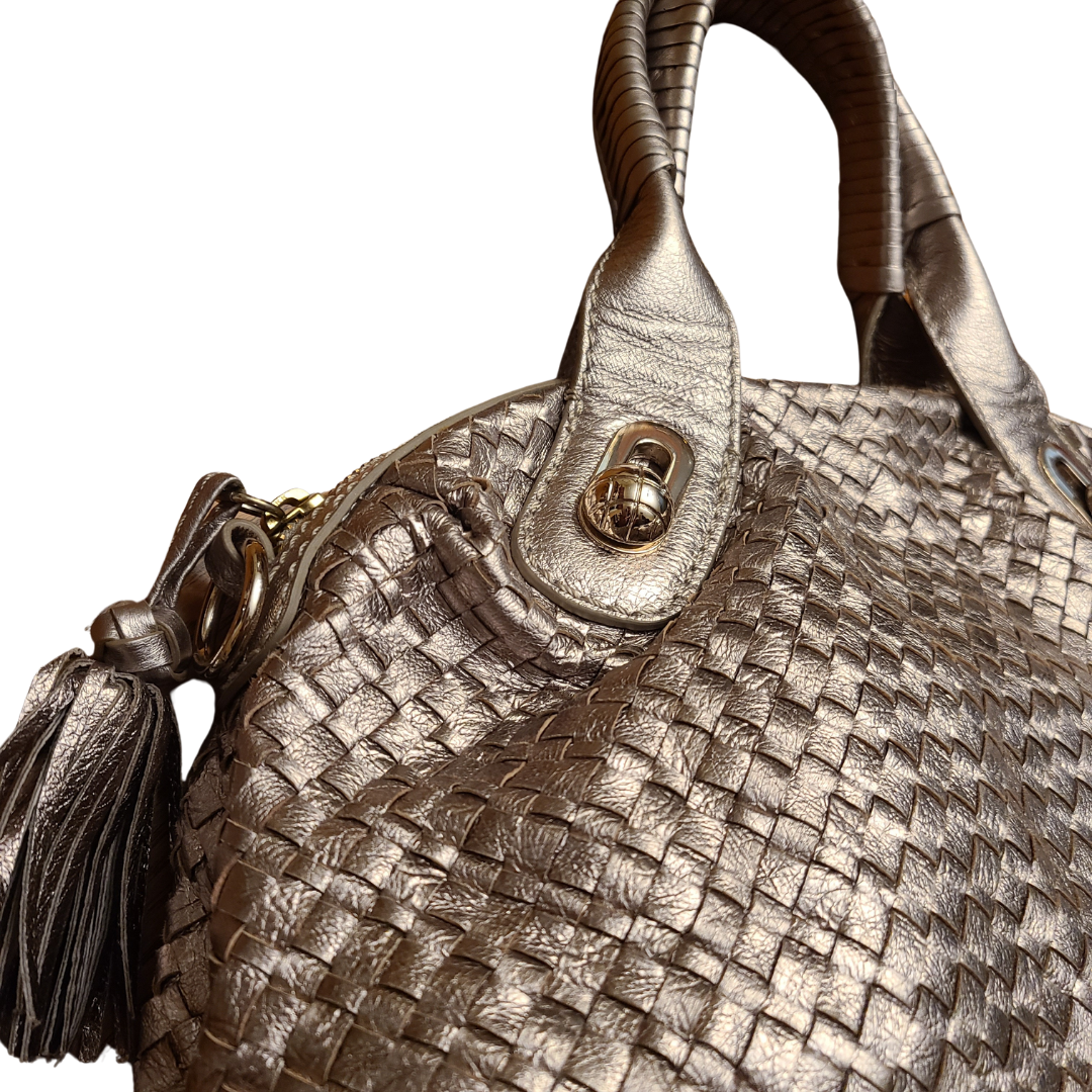 Elliott Lucca Gold Metallic Woven Leather Handbag