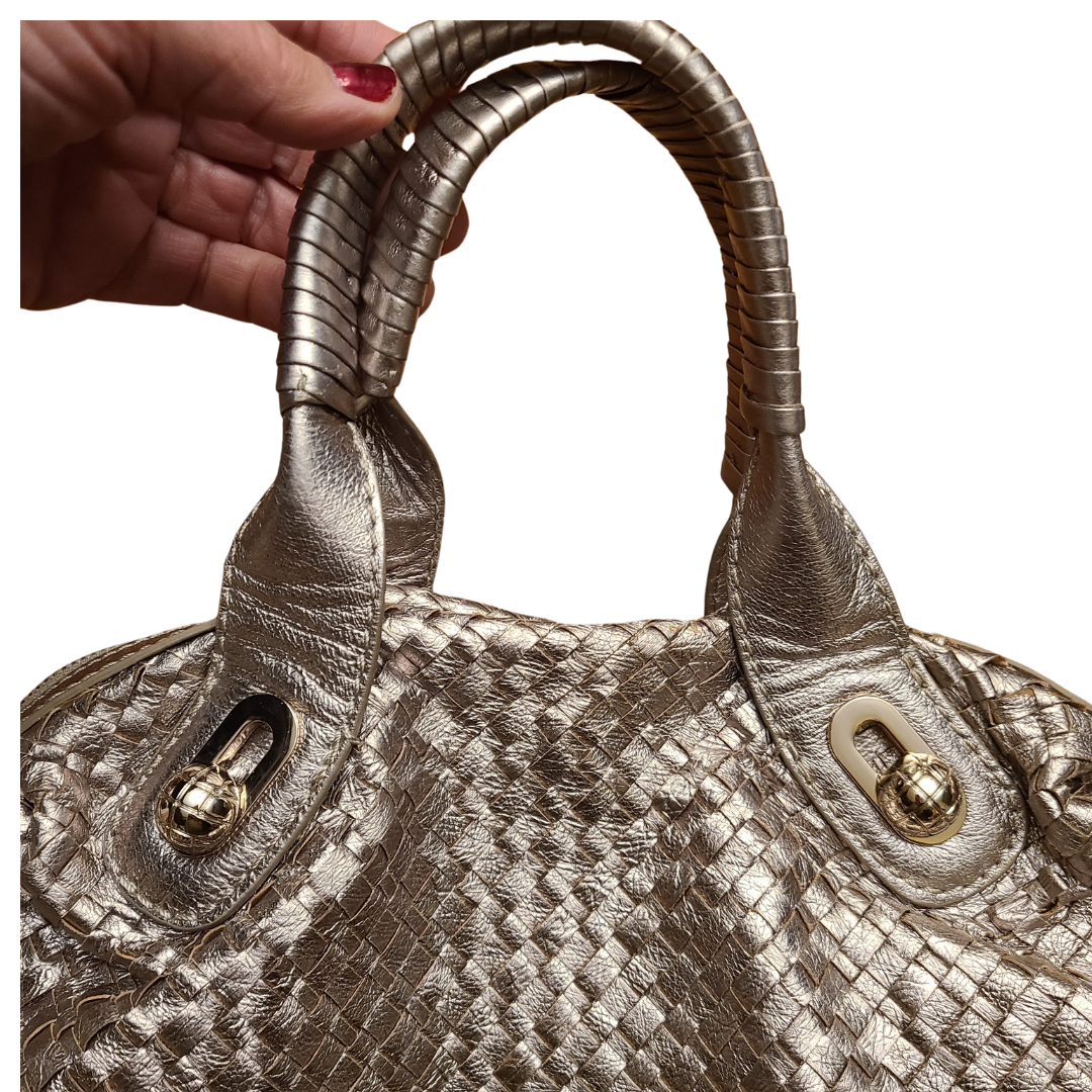 Elliott Lucca Gold Metallic Woven Leather Handbag