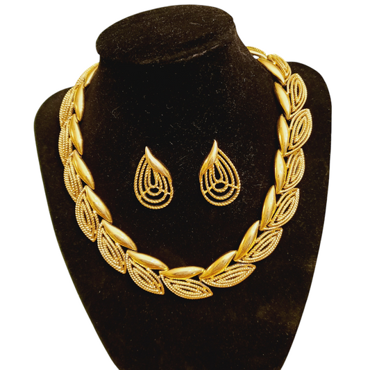 Vintage Trifari Brand Double Leaf Necklace and Earring Set