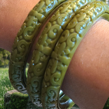 Olive Green Carved Bakelite Bangles | Set of Three