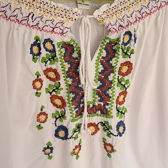 Bohemian Embroidered Peasant Blouse | Size L