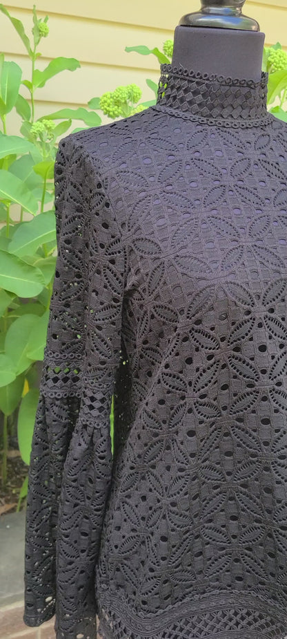 Pointelle Black Lace Long Sleeve Blouse | Size Medium